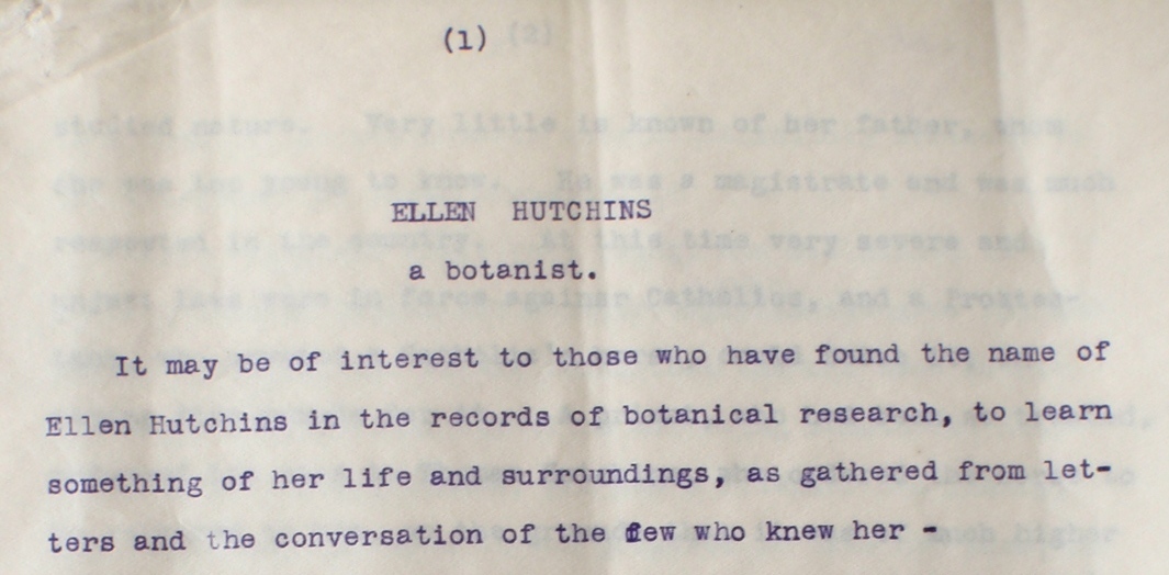 Opening section of the ‘Ellen Hutchins a botanist’ memoir by compiled by her niece Alicia Maria Hutchins, RCB Library Ms 47.